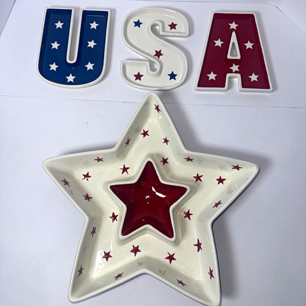 Sonoma USA Star 4pc Ceramic Party Platter Chip Dip 11in Red/White/Blue